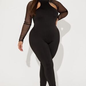Fashion Nova Black Fishnet Sleeve Jumpsuit